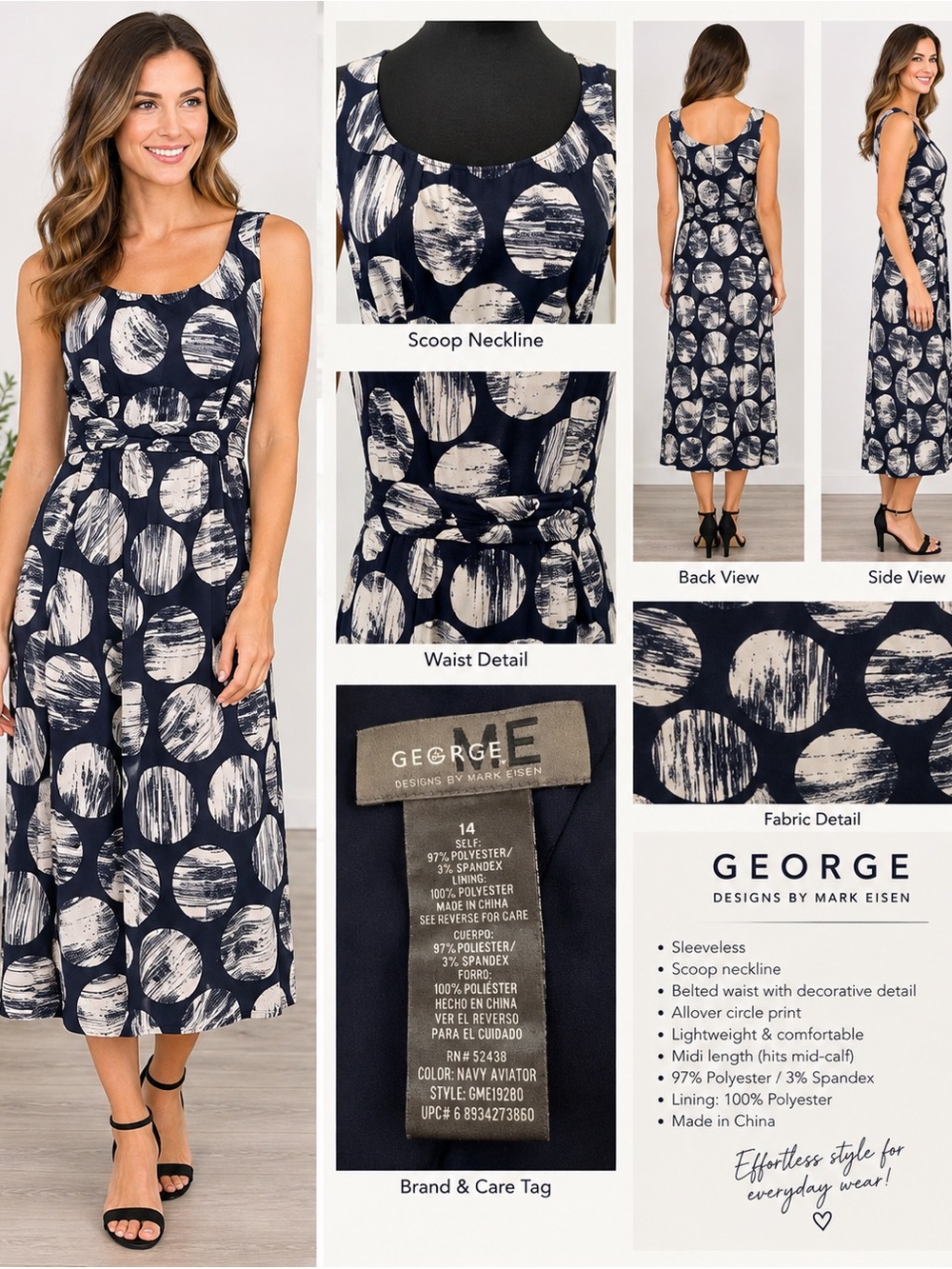 George Navy and White Scoop Neck Belted Midi Dress with Circle Print